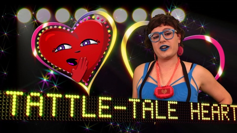 Image of a cartoon heart whispering next to the movie title Tattle Tale Heart