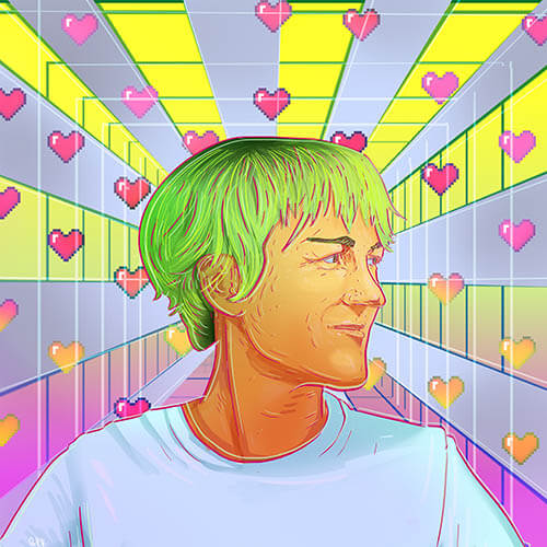 A colorful illustrated portrait of Lark with hearts in the background